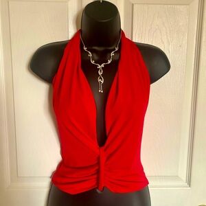 Red Plunge Neck Halter Top